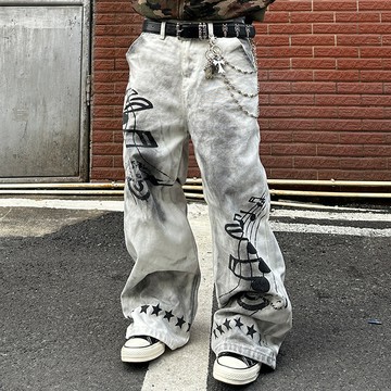 美式休閒痞帥水洗復古印花牛仔褲男直筒寬鬆百搭錐形褲子男