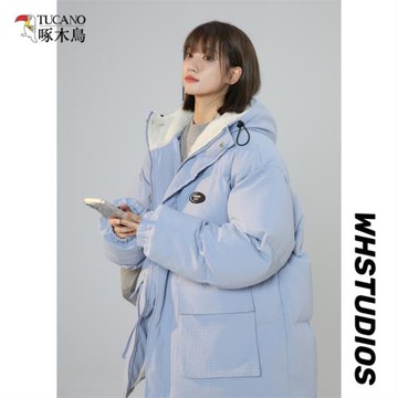 啄木鳥羊羔毛棉服女冬季新款加絨加厚oversize工裝連帽棉衣外套潮