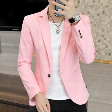 休閑西服男士上衣單件純色修身外套2026新款春秋季青少年粉色西裝