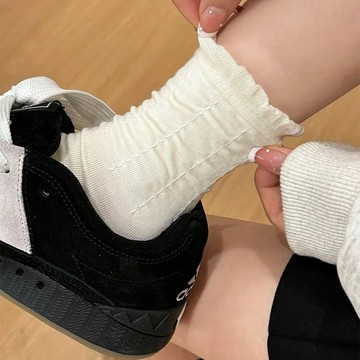 台灣出貨 白色 袜子女 春夏款 ins潮日系 褶皱花边 袜纯棉 中筒袜 堆堆袜 夏季薄款