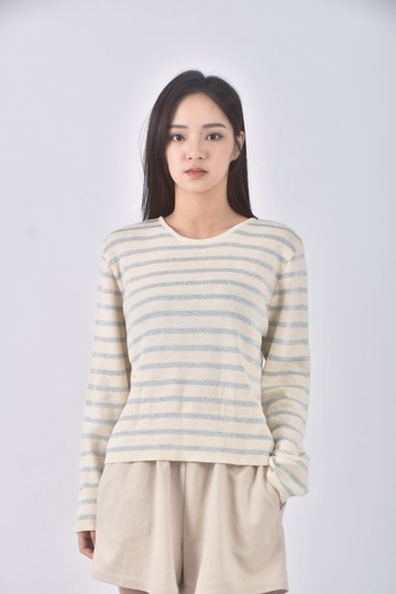 (M) 條紋杏色長袖上衣