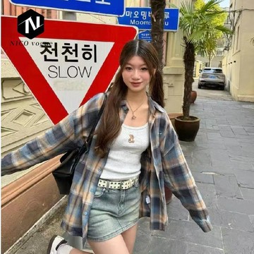 【Nico】美式復古撞色格子襯衫 寬鬆防曬長袖襯衣外套薄款上衣 格子外套 格紋外套 格紋長袖襯衫 shirt 格子襯衫女