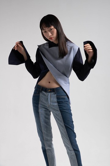 藍色拼布長袖襯衫