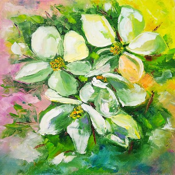 白花畫，手繪，盛開的蘋果樹藝術，家居裝飾