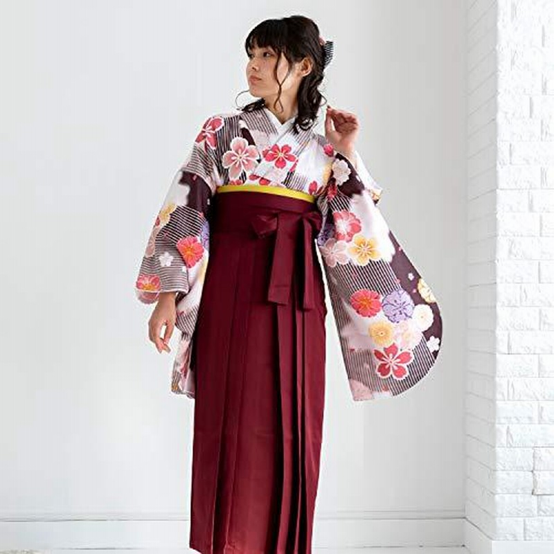 KYOETSU キョウエツ 袴セット 二尺袖着物 花和柄 無地袴 3点セット(着物、袴、袴下帯) レディース (袴 S, 04-A×袴:濃紺