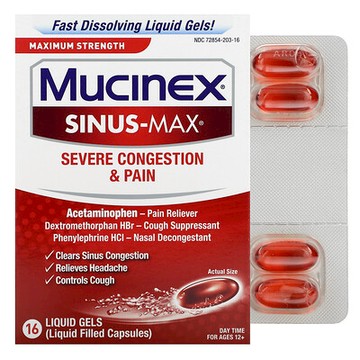 Mucinex, Sinus-Max，嚴重充血和疼痛，特大強度，適合 12 歲以上人群，16 液體凝膠
