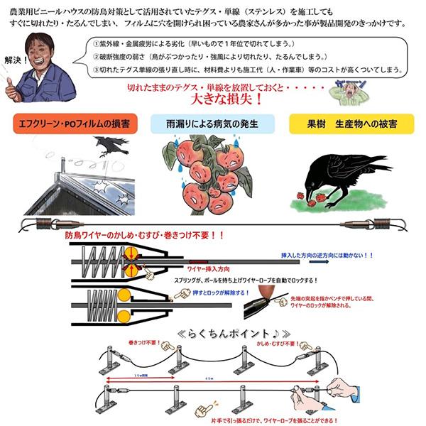 バネ付きワイヤーテンション金具 鳥よけワイヤー 鳥よけワンタッチ ビニールハウス 農業資材