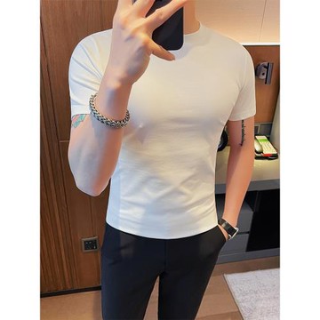 短袖T恤男純色圓領緊身全棉半袖夏季修身重磅純棉內搭白色打底衫