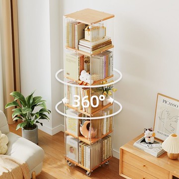 書櫃 亞克力旋轉書架360度書櫃兒童實木書櫃置物架客廳櫃子落地收納架S0128快速出貨