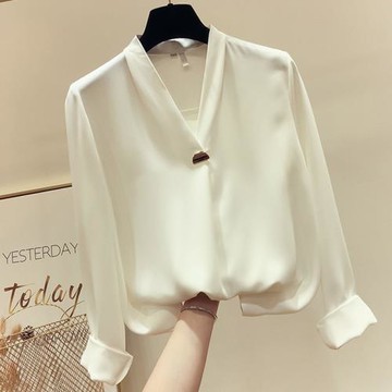 2022春秋季新款白色襯衫氣質顯瘦V領長袖寬松純色衫女超仙上衣