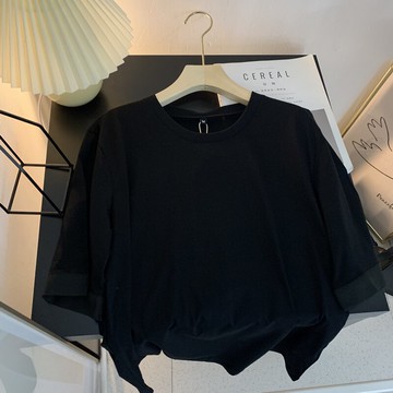 黑色T恤女短袖B-1夏季新款設計感小眾簡約圓領薄款寬松休閑上衣