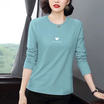 純棉圓領秋季新款長袖大碼女士正肩印花簡約百搭寬松t恤上衣洋氣