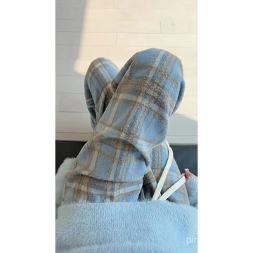 【上新】毛呢格子闊腿褲冬加絨垂感高腰休閒褲顯瘦直筒拖地褲闊腿長褲 運動長褲 寬鬆顯瘦長褲 大尺碼保暖褲 外穿長褲