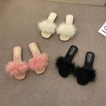 2025網紅爆款半拖鞋毛毛拖鞋女夏季外穿涼鞋奶呼呼平底絕美涼拖鞋