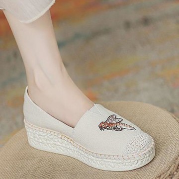 厚底帆布鞋女春秋百搭中跟樂福鞋2024新款小個子增高淺口坡跟單鞋