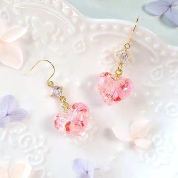 花瓣愛心閃石耳環/耳夾 抗過敏醫療鋼 粉紅 紅色 乾燥花