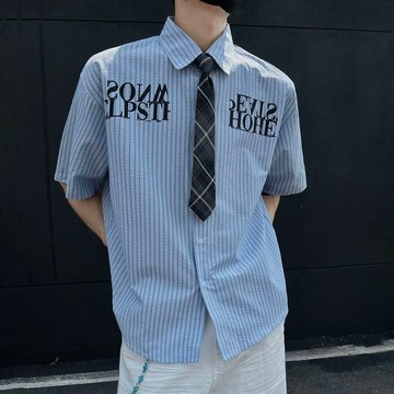 學院風條紋襯衣男女情侶裝短袖ins字母印花簡約休閒百搭大碼班服