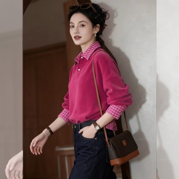 愛依依 上衣 長袖T卹 打底衫中大尺碼 S-3XL 新款小眾不撞款多巴胺鬆弛感慵懶風別緻玫粉色假兩件襯衣-13663.