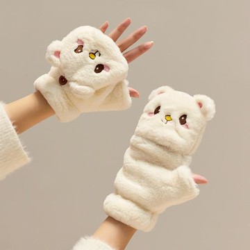 卡通小熊翻蓋女騎車保暖半指手套
