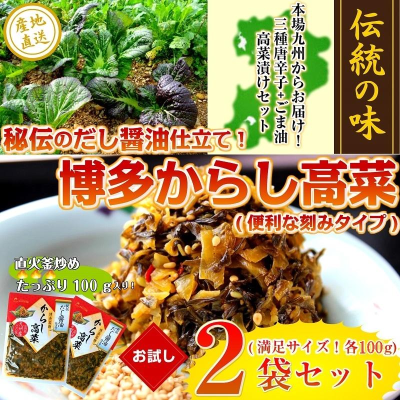 辛子高菜　本場九州産　だし醤油仕立て　高菜漬　たっぷり100g×2袋セット　※3セットで1袋プレゼント！　特産品　ラーメン　炒飯　お試しグルメギフト