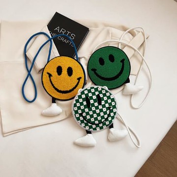 可愛笑臉包2022秋季新款少女兒童包棉線編織撞色斜跨包沙灘手機包