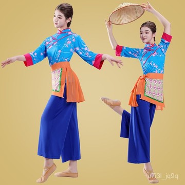 新款廣場舞服裝套裝民族舞秧歌舞演出服女夏季村姑鬥笠埰茶舞蹈服