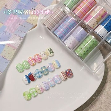 🎀台灣出貨🎀 美甲用品美甲新款韓風ins拼布蝴蝶結手繪塗鴉格紋牛仔轉印紙星星卡通條紋