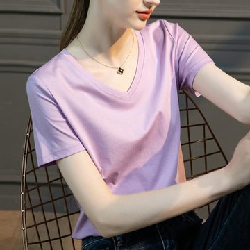 80支冰絲光棉精梳純棉v領白色寬松高級短袖女t恤正肩2025夏季半袖