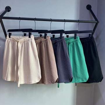 歐美街頭透氣華夫格抽繩松緊腰五分短褲男女寬松oversize運動褲潮