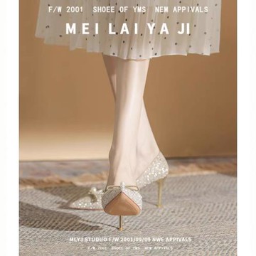 意美絲珍珠蝴蝶結秀禾婚紗主婚鞋法式高跟鞋女細跟新娘鞋平時可穿