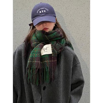 紫色格子圍巾女生冬季2024新款高級感保暖百搭護頸圍脖披肩綠色男
