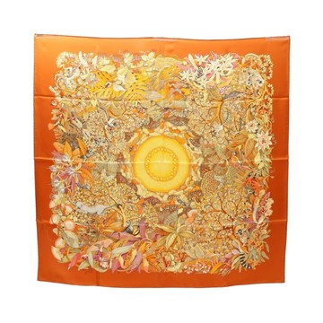 HERMES 愛馬仕 Au Coeur de la Vie Carre 90 方巾 橘色 絲綢 【二手名牌BRAND OFF】