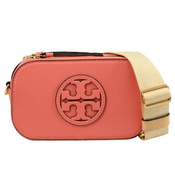 TORY BURCH 品牌經典LOGO寬背帶斜背雙層相機包(珊瑚粉)