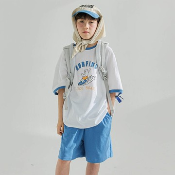 韓國 W.S.B. - 衝浪熊熊純棉短袖套裝-霧灰藍