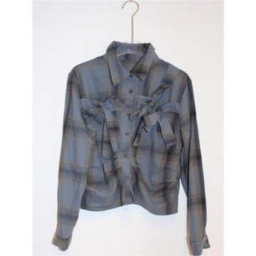 Exclusive type 韓國個性復古配色蝴蝶結系帶格紋翻領長袖襯衫女