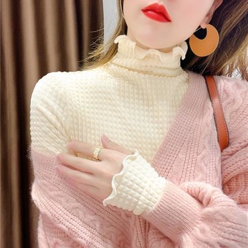 加絨加厚蕾絲打底衫女秋冬毛衣內搭洋氣小衫木耳高領保暖網紗上衣