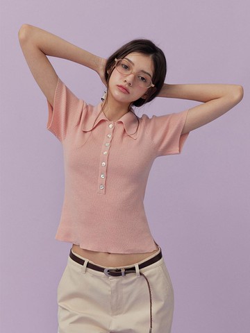 ETAIN Button Collar Short-Sleeve Knit Sweater