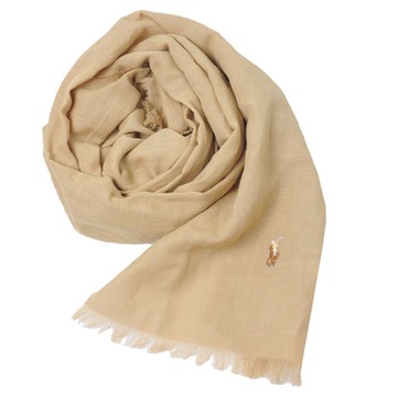 RALPH LAUREN POLO 彩色小馬LOGO刺繡亞麻混棉圍巾(駝色)