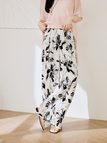 花卉印花壓褶紋理腰鬆緊長褲