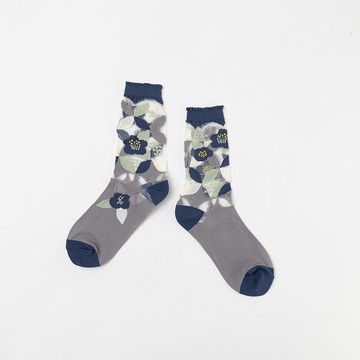 One Shoe x Yu Square 聯名透膚襪-和風山茶花(藍色)