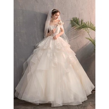 主婚紗禮服女2025新款森系新娘結婚簡約v領顯瘦一字肩齊地蓬蓬裙