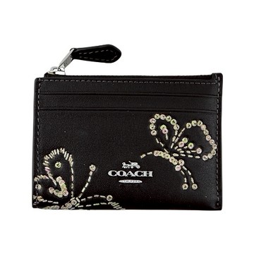 [平輸版] 【COACH】仿刺繡效果亮粉燙印蝴蝶皮雕黑色素面皮革前卡夾鑰匙零錢包 真品平輸