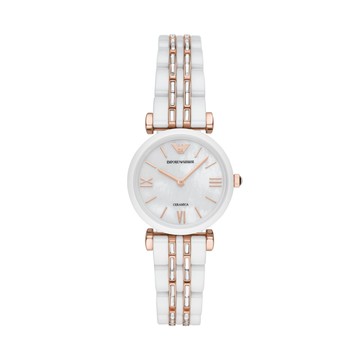 送禮首選★EMPORIO ARMANI高貴質感白金陶瓷腕錶28mm(AR70004)  附提袋【全館滿額折價★APP下單點數4倍送】線上購買享_實體門市同步服務