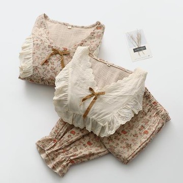 【玫瑰】大蕾絲套頭睡衣女水洗純棉紗碎花收口長袖田園家居睡眠服