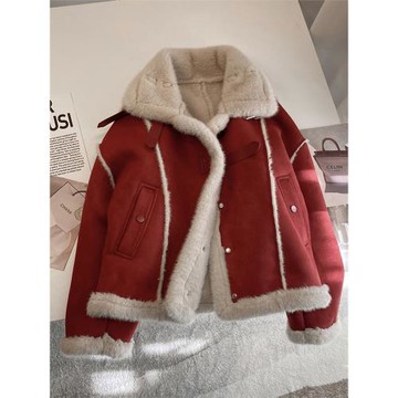 寬松加厚羊羔毛機車棉衣外套女2025年冬季麂皮絨皮毛一體加絨棉服