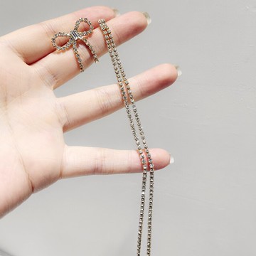 精致氣質閃閃鑲鉆不對稱蝴蝶結雙流蘇長款S925銀針耳環耳墜1入