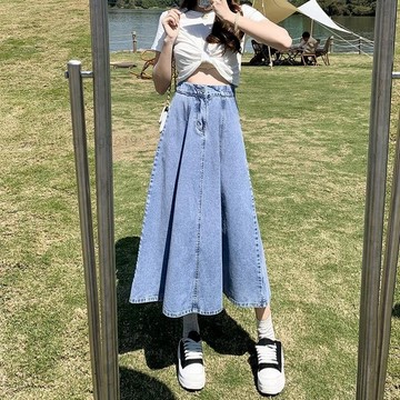 牛仔褲女 牛仔裙 半身裙女 高腰長裙 2024春夏新款 韓版中長款牛仔裙百褶高腰顯瘦a字垂墜感傘裙女潮 TQ