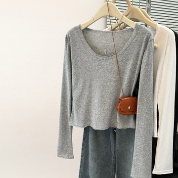衣時尚 長袖T卹 素色上衣 內搭T恤衫S-XL新款U領長袖T卹女修身韓版小個子短款打底上衣-8458.