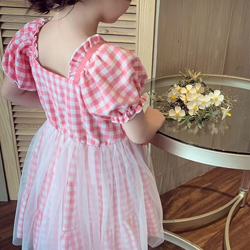 🎀biubiu童裝🎀女童連衣裙新款兒童韓版洋氣格紋網紗小女孩裙子泡泡袖公主裙