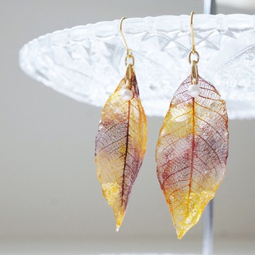 葉子珍珠耳環 耳針 / 耳夾 棕